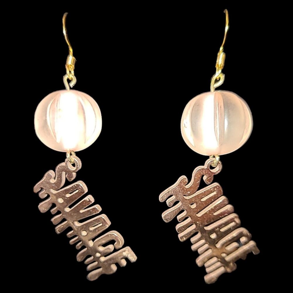 Pink Acrylic Bead Gold Tone Savage Spell Out Dangle Earrings